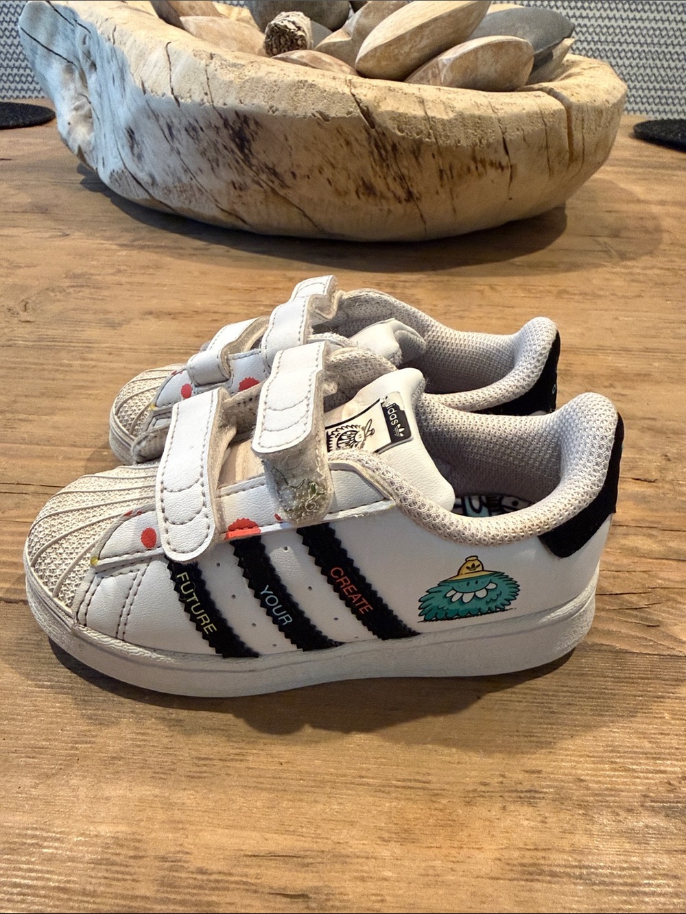Rare Parisian adidas White Black Kids Velcro Sneakers with Green Monster Accent